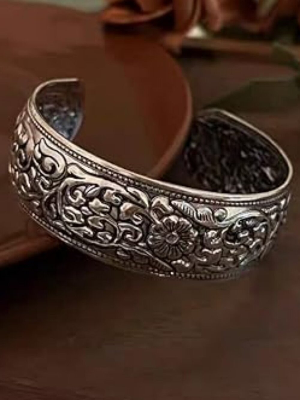 Vintage Look Carved Flower Cuff Bracelet Wide Bangle Statement Jewelry